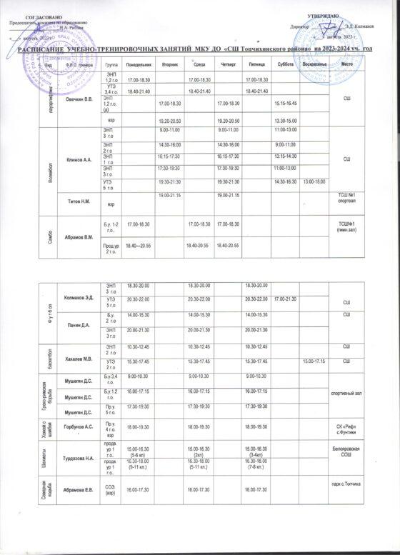 Расписание учебно-тренировочных занятий на 2023-2024 учебный год